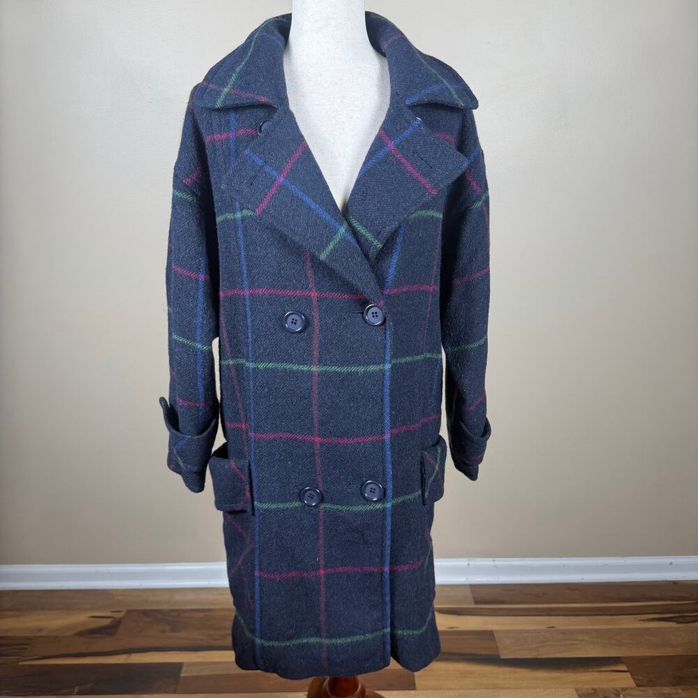 Vintage Steilmann Womens Plaid Navy Wool Pea Coat Size 6 German Double Breasted